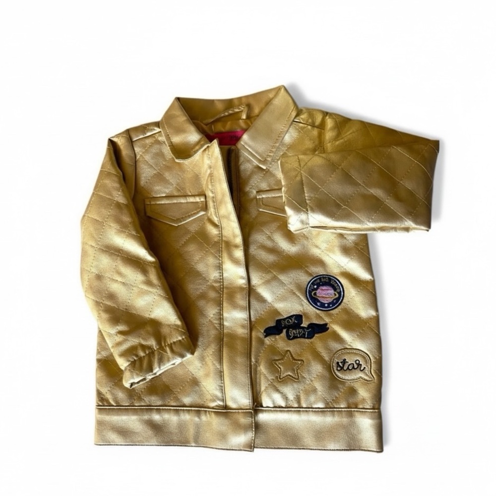 BETSEY JOHNSON Gold Quilted Faux Leather Jacket with Patches 18 months NWOT